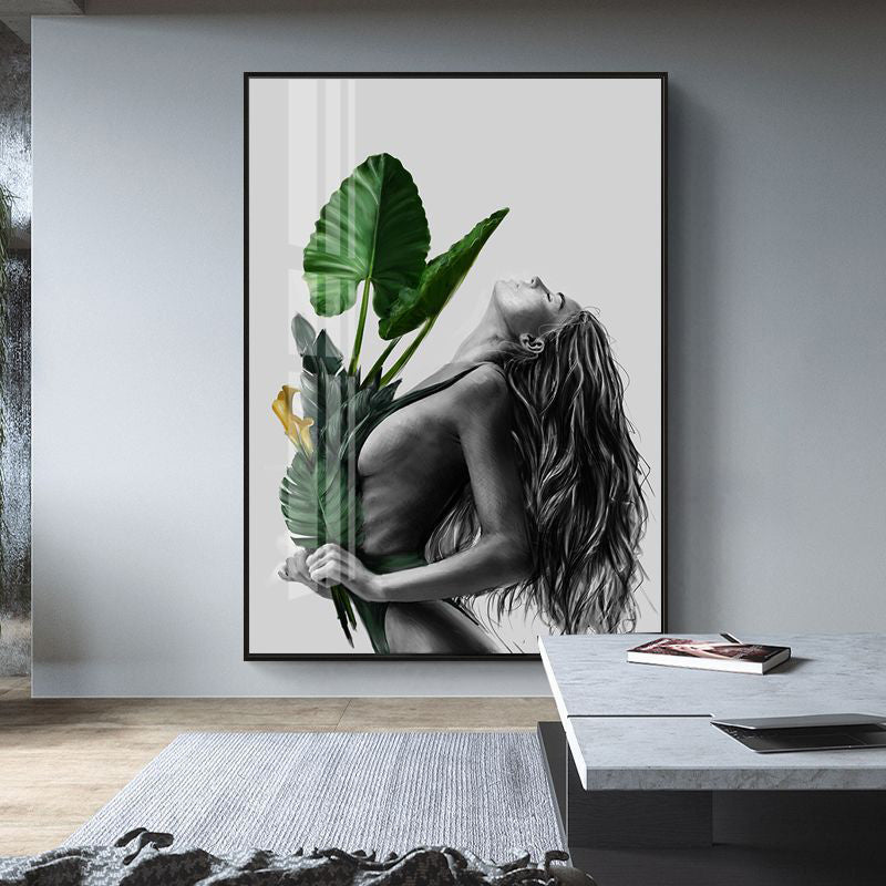 Girl's Portraiture and Leaf Art Textured Glam Style for Girls Bedroom Wall Decor Green Design 2 Clearhalo 'Arts' 'Canvas Art' 1641787