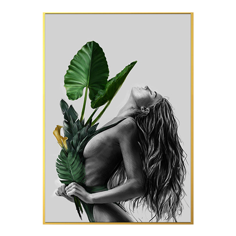 Girl's Portraiture and Leaf Art Textured Glam Style for Girls Bedroom Wall Decor Clearhalo 'Arts' 'Canvas Art' 1641790