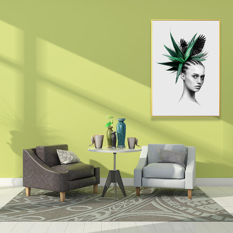 Girl's Portraiture and Leaf Art Textured Glam Style for Girls Bedroom Wall Decor Green Design 3 Clearhalo 'Arts' 'Canvas Art' 1641794