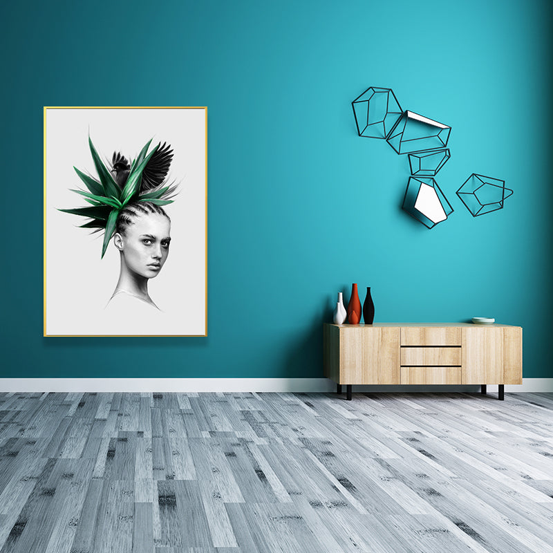 Girl's Portraiture and Leaf Art Textured Glam Style for Girls Bedroom Wall Decor Clearhalo 'Arts' 'Canvas Art' 1641795