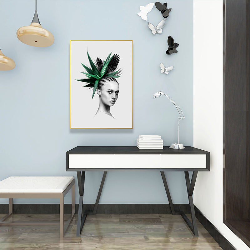 Girl's Portraiture and Leaf Art Textured Glam Style for Girls Bedroom Wall Decor Clearhalo 'Arts' 'Canvas Art' 1641796