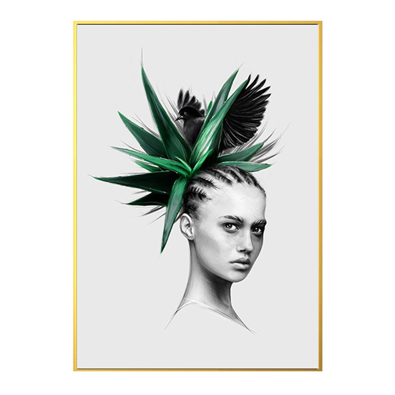 Girl's Portraiture and Leaf Art Textured Glam Style for Girls Bedroom Wall Decor Clearhalo 'Arts' 'Canvas Art' 1641797