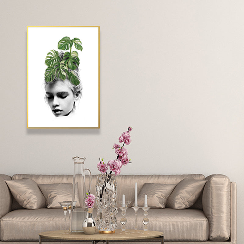 Girl's Portraiture and Leaf Art Textured Glam Style for Girls Bedroom Wall Decor Green Design 4 Clearhalo 'Arts' 'Canvas Art' 1641801
