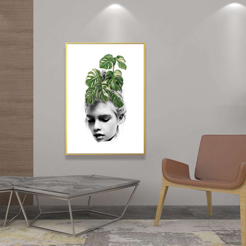 Girl's Portraiture and Leaf Art Textured Glam Style for Girls Bedroom Wall Decor Clearhalo 'Arts' 'Canvas Art' 1641802