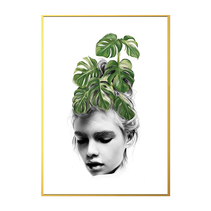 Girl's Portraiture and Leaf Art Textured Glam Style for Girls Bedroom Wall Decor Clearhalo 'Arts' 'Canvas Art' 1641804