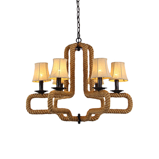 Fabric Bell Shade Hanging Chandelier Light Loft Style 6 Heads Restaurant Hanging Lamp with Rope Detail in Brown Clearhalo 'Ceiling Lights' 'Chandeliers' 'Industrial Chandeliers' 'Industrial' 'Middle Century Chandeliers' 'Tiffany' Lighting' 164185