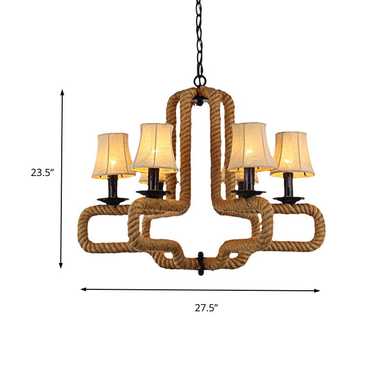 Fabric Bell Shade Hanging Chandelier Light Loft Style 6 Heads Restaurant Hanging Lamp with Rope Detail in Brown Clearhalo 'Ceiling Lights' 'Chandeliers' 'Industrial Chandeliers' 'Industrial' 'Middle Century Chandeliers' 'Tiffany' Lighting' 164186