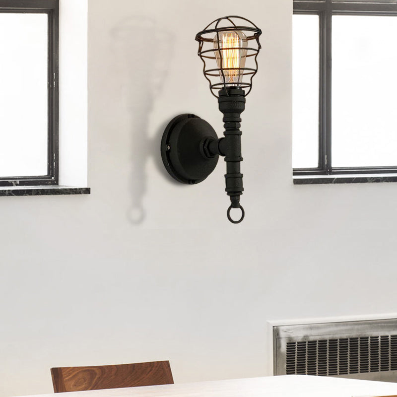 Vintage Industrial Caged Sconce Lamp 1 Light Metal Wall Mount Light with Water Pipe in Black for Dining Room Black Clearhalo 'Art deco wall lights' 'Cast Iron' 'Glass' 'Industrial wall lights' 'Industrial' 'Middle century wall lights' 'Modern' 'Rustic wall lights' 'Tiffany' 'Traditional wall lights' 'Wall Lamps & Sconces' 'Wall Lights' Lighting' 164187