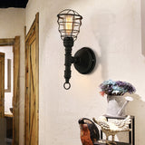 Vintage Industrial Caged Sconce Lamp 1 Light Metal Wall Mount Light with Water Pipe in Black for Dining Room Clearhalo 'Art deco wall lights' 'Cast Iron' 'Glass' 'Industrial wall lights' 'Industrial' 'Middle century wall lights' 'Modern' 'Rustic wall lights' 'Tiffany' 'Traditional wall lights' 'Wall Lamps & Sconces' 'Wall Lights' Lighting' 164188