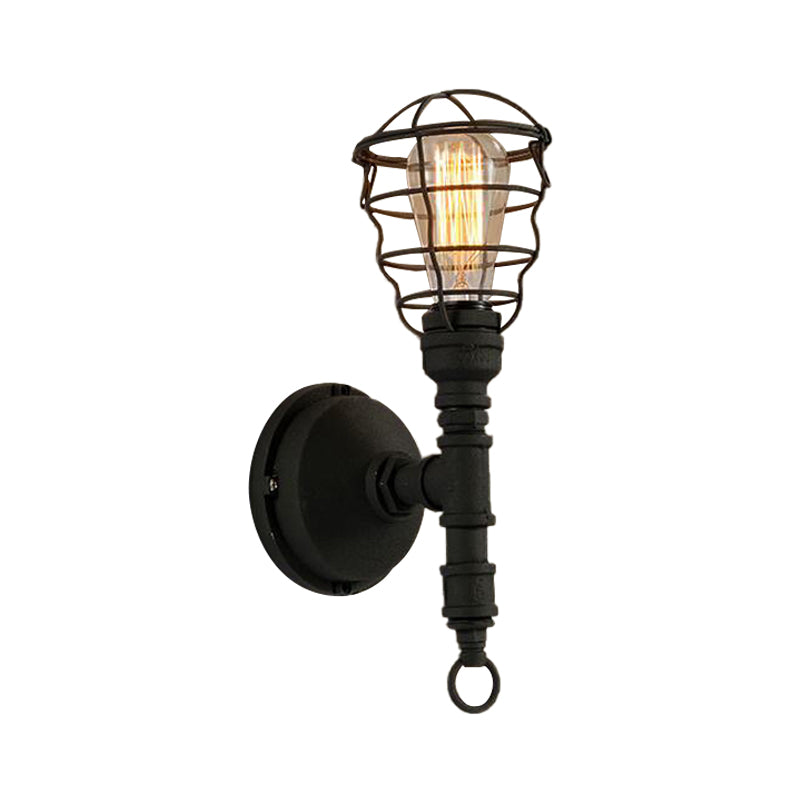 Vintage Industrial Caged Sconce Lamp 1 Light Metal Wall Mount Light with Water Pipe in Black for Dining Room Clearhalo 'Art deco wall lights' 'Cast Iron' 'Glass' 'Industrial wall lights' 'Industrial' 'Middle century wall lights' 'Modern' 'Rustic wall lights' 'Tiffany' 'Traditional wall lights' 'Wall Lamps & Sconces' 'Wall Lights' Lighting' 164189
