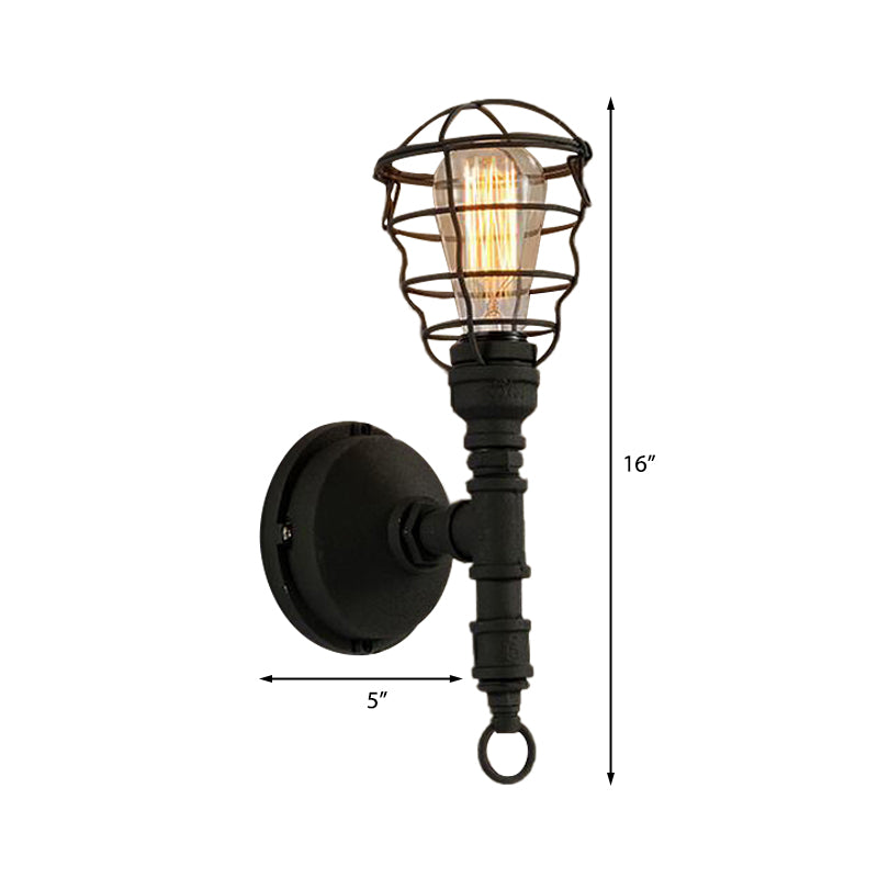Vintage Industrial Caged Sconce Lamp 1 Light Metal Wall Mount Light with Water Pipe in Black for Dining Room Clearhalo 'Art deco wall lights' 'Cast Iron' 'Glass' 'Industrial wall lights' 'Industrial' 'Middle century wall lights' 'Modern' 'Rustic wall lights' 'Tiffany' 'Traditional wall lights' 'Wall Lamps & Sconces' 'Wall Lights' Lighting' 164190