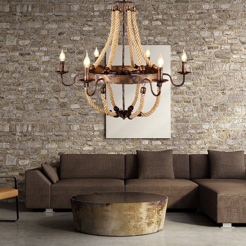 Flameless Candle Iron Chandelier Lamp Farmhouse Style 6 Lights Indoor Hanging Lamp with Hemp Rope in Rust Rust Clearhalo 'Ceiling Lights' 'Chandeliers' 'Industrial Chandeliers' 'Industrial' 'Middle Century Chandeliers' 'Tiffany' Lighting' 164211