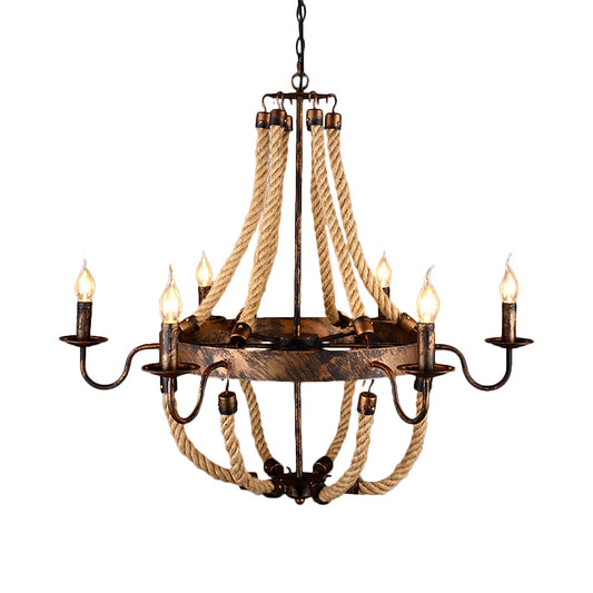 Flameless Candle Iron Chandelier Lamp Farmhouse Style 6 Lights Indoor Hanging Lamp with Hemp Rope in Rust Clearhalo 'Ceiling Lights' 'Chandeliers' 'Industrial Chandeliers' 'Industrial' 'Middle Century Chandeliers' 'Tiffany' Lighting' 164213