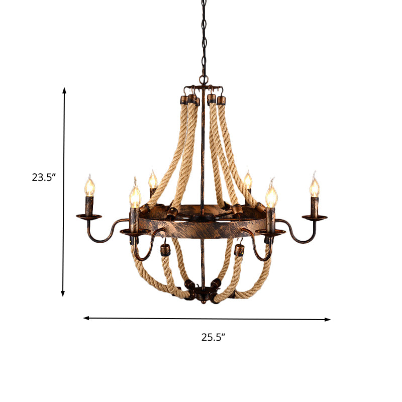 Flameless Candle Iron Chandelier Lamp Farmhouse Style 6 Lights Indoor Hanging Lamp with Hemp Rope in Rust Clearhalo 'Ceiling Lights' 'Chandeliers' 'Industrial Chandeliers' 'Industrial' 'Middle Century Chandeliers' 'Tiffany' Lighting' 164214