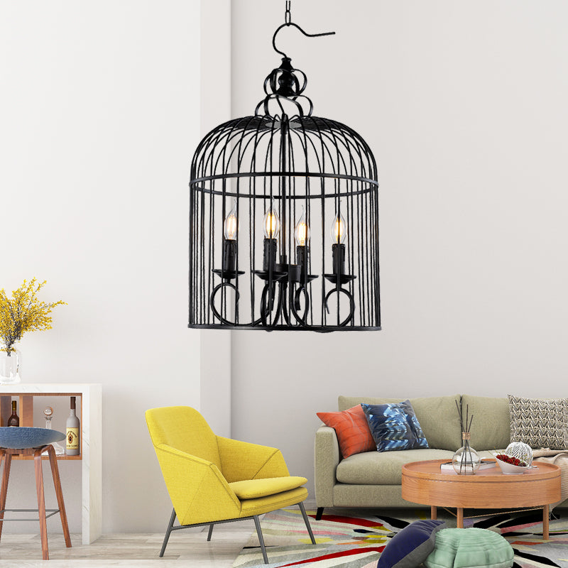 Farmhouse Birdcage Design Hanging Fixture 4 Heads Metallic Hanging Chandelier Lamp with Candle in Black Black Clearhalo 'Cast Iron' 'Ceiling Lights' 'Chandeliers' 'Industrial Chandeliers' 'Industrial' 'Metal' 'Middle Century Chandeliers' 'Rustic Chandeliers' 'Tiffany' Lighting' 164219