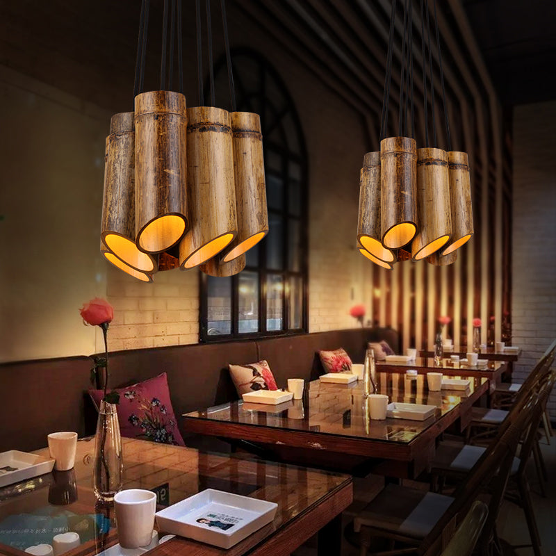 Eight-light Bamboo Hanging Lamp Antique Tube Suspension Light in Beige for Bistro Restaurant Beige Clearhalo 'Ceiling Lights' 'Industrial Pendants' 'Industrial' 'Middle Century Pendants' 'Pendant Lights' 'Pendants' 'Tiffany' Lighting' 164230