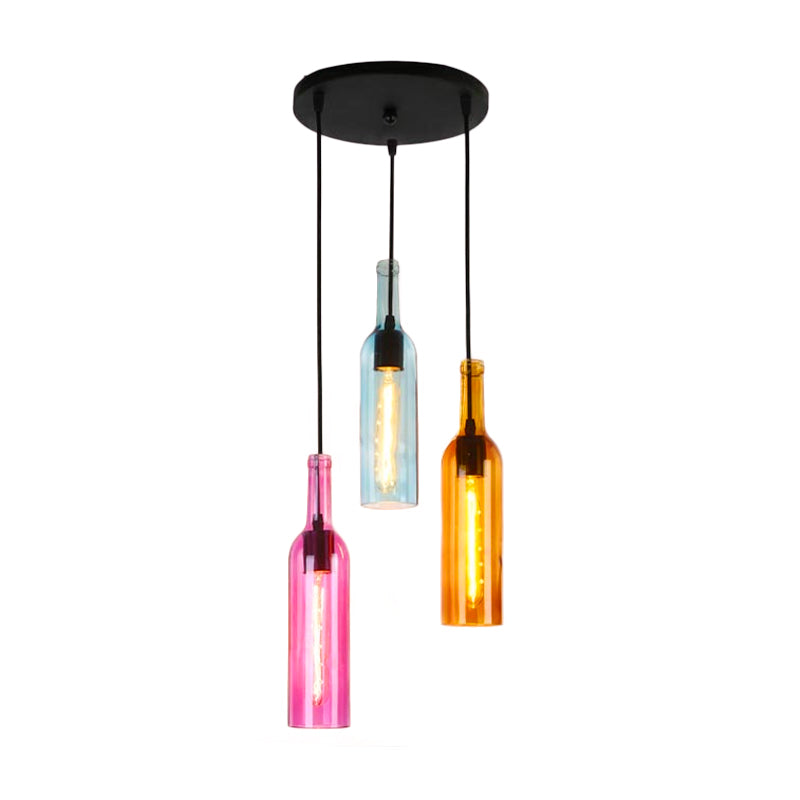 Glass Wine Bottle Hanging Light Industrial 3/5-Head Restaurant Ceiling Pendant Lamp with Round/Linear Canopy in Black Clearhalo 'Ceiling Lights' 'Glass shade' 'Glass' 'Industrial Pendants' 'Industrial' 'Middle Century Pendants' 'Pendant Lights' 'Pendants' 'Tiffany' Lighting' 164259