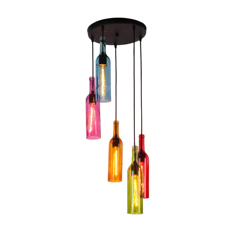 Glass Wine Bottle Hanging Light Industrial 3/5-Head Restaurant Ceiling Pendant Lamp with Round/Linear Canopy in Black Clearhalo 'Ceiling Lights' 'Glass shade' 'Glass' 'Industrial Pendants' 'Industrial' 'Middle Century Pendants' 'Pendant Lights' 'Pendants' 'Tiffany' Lighting' 164263