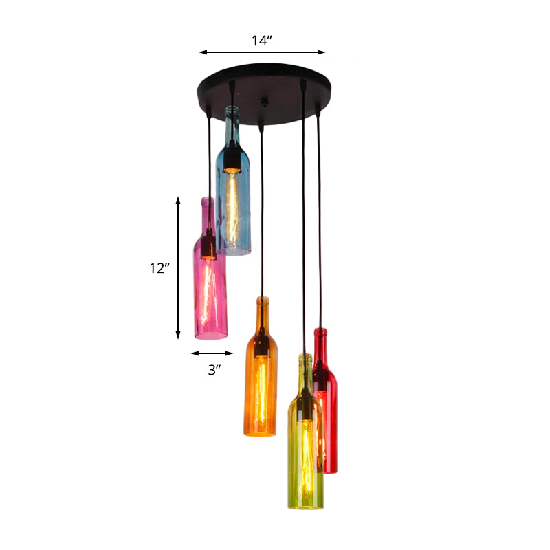 Glass Wine Bottle Hanging Light Industrial 3/5-Head Restaurant Ceiling Pendant Lamp with Round/Linear Canopy in Black Clearhalo 'Ceiling Lights' 'Glass shade' 'Glass' 'Industrial Pendants' 'Industrial' 'Middle Century Pendants' 'Pendant Lights' 'Pendants' 'Tiffany' Lighting' 164264