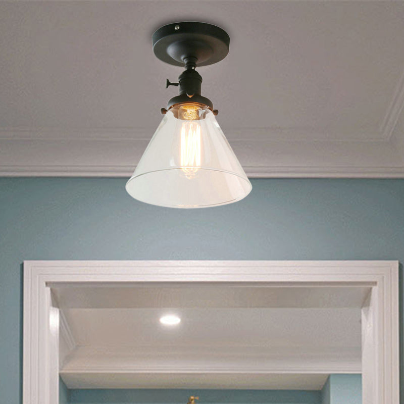 Black 1-Bulb Ceiling Lighting Industrial Clear Glass Cone Shade Semi Flush Light for Living Room Clear Clearhalo 'Ceiling Lights' 'Close To Ceiling Lights' 'Close to ceiling' 'Glass shade' 'Glass' 'Semi-flushmount' Lighting' 164332