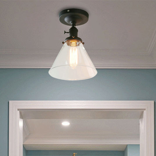 Black 1-Bulb Ceiling Lighting Industrial Clear Glass Cone Shade Semi Flush Light for Living Room Clear Clearhalo 'Ceiling Lights' 'Close To Ceiling Lights' 'Close to ceiling' 'Glass shade' 'Glass' 'Semi-flushmount' Lighting' 164332