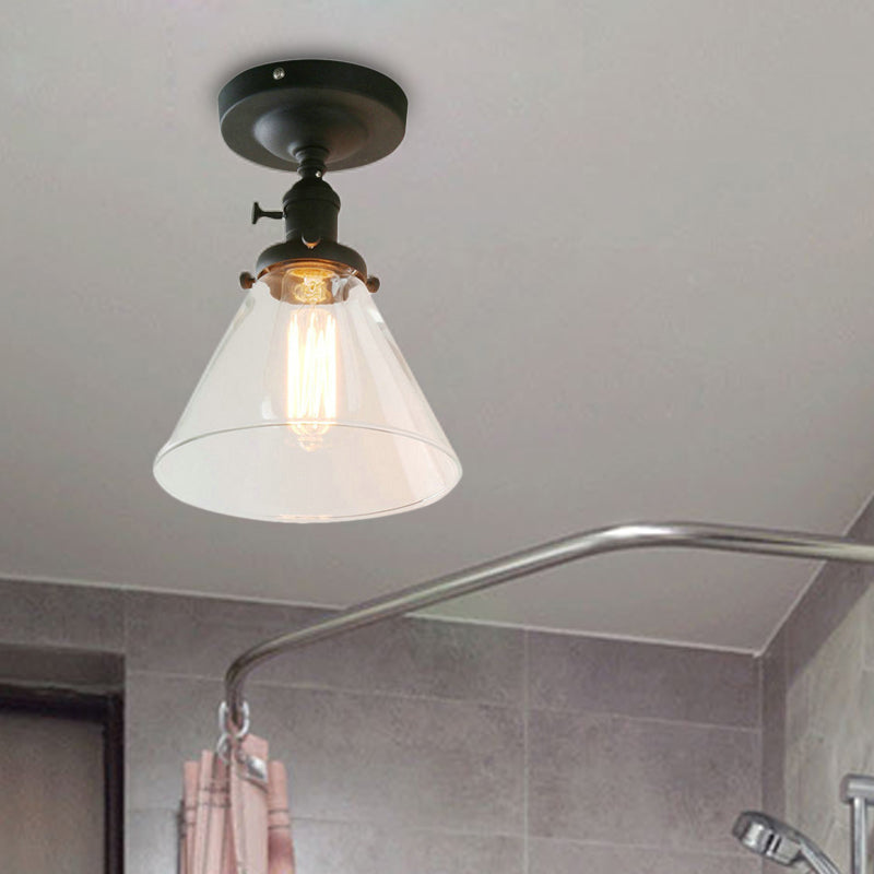 Black 1-Bulb Ceiling Lighting Industrial Clear Glass Cone Shade Semi Flush Light for Living Room Clearhalo 'Ceiling Lights' 'Close To Ceiling Lights' 'Close to ceiling' 'Glass shade' 'Glass' 'Semi-flushmount' Lighting' 164333