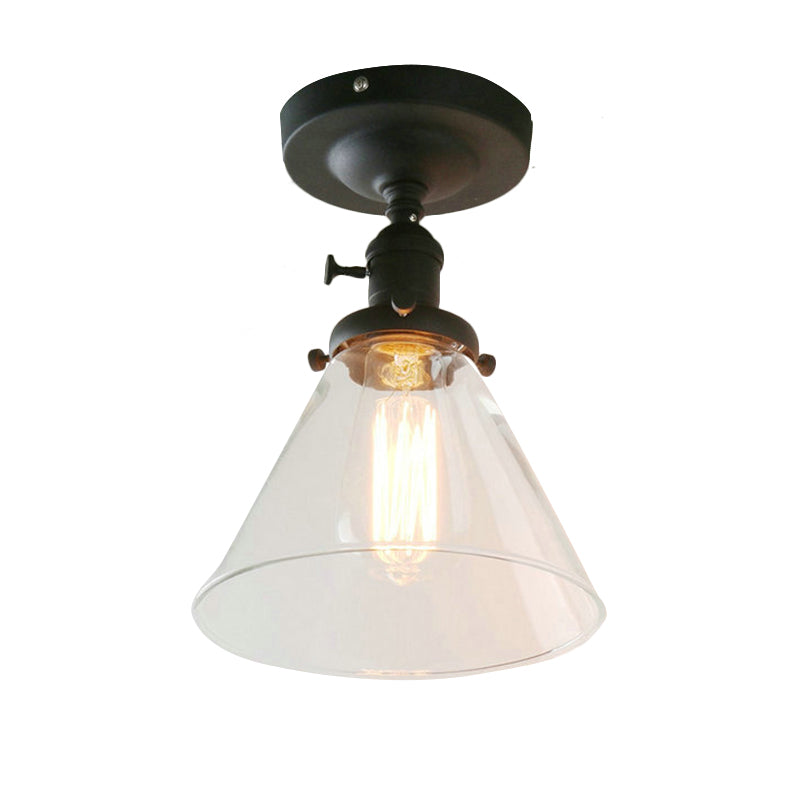 Black 1-Bulb Ceiling Lighting Industrial Clear Glass Cone Shade Semi Flush Light for Living Room Clearhalo 'Ceiling Lights' 'Close To Ceiling Lights' 'Close to ceiling' 'Glass shade' 'Glass' 'Semi-flushmount' Lighting' 164334