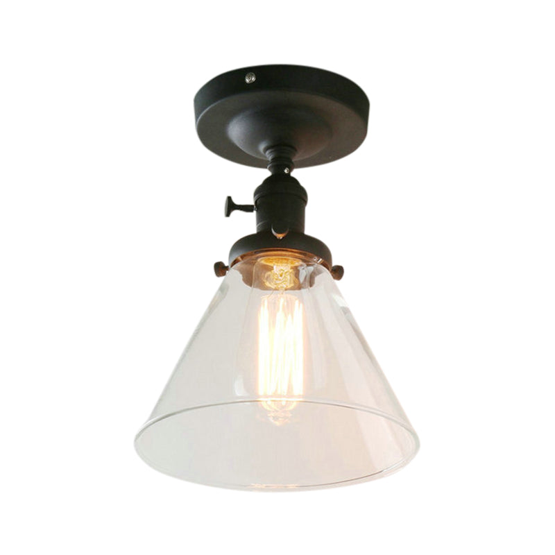Black 1-Bulb Ceiling Lighting Industrial Clear Glass Cone Shade Semi Flush Light for Living Room Clearhalo 'Ceiling Lights' 'Close To Ceiling Lights' 'Close to ceiling' 'Glass shade' 'Glass' 'Semi-flushmount' Lighting' 164335
