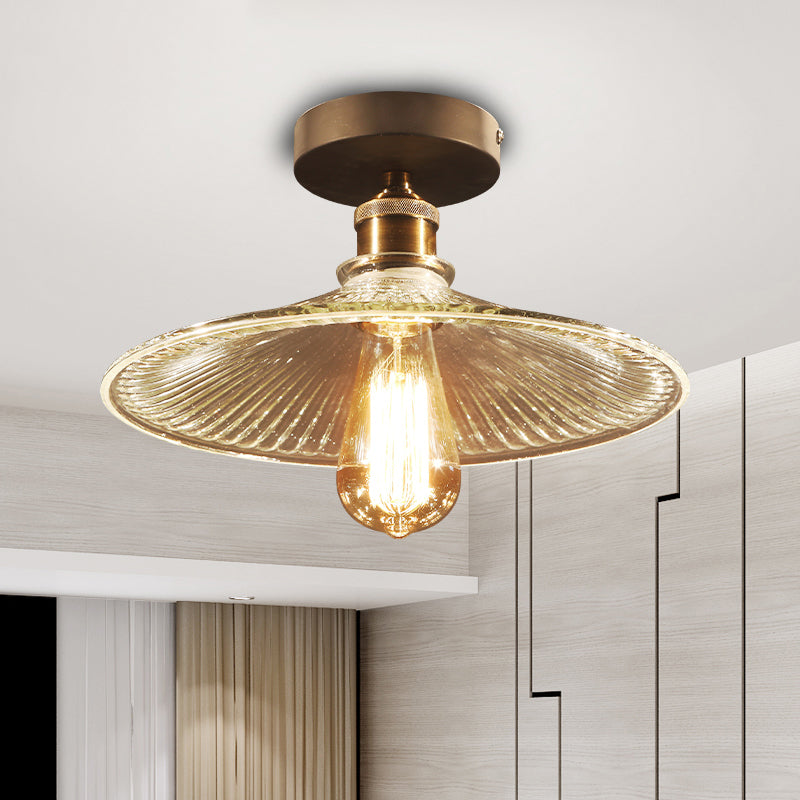 Brass One Light Ceiling Mount Industrial Mercury Glass Flared Semi Flush Light Brass Clearhalo 'Ceiling Lights' 'Close To Ceiling Lights' 'Close to ceiling' 'Glass shade' 'Glass' 'Semi-flushmount' Lighting' 164337