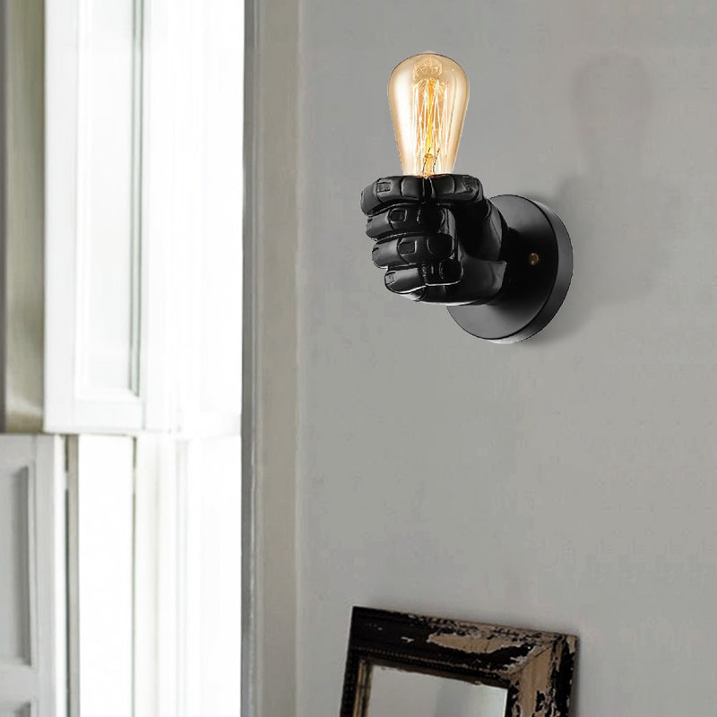 Black/White Bare Bulb Sconce Light with Hand Shape Base Vintage Style Wood 1 Light Restaurant Wall Lamp Black Right Clearhalo 'Industrial wall lights' 'Industrial' 'Middle century wall lights' 'Rustic wall lights' 'Tiffany' 'Wall Lamps & Sconces' 'Wall Lights' Lighting' 164349
