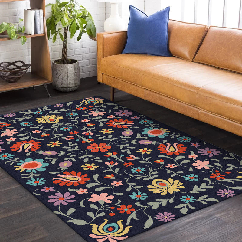 Classic Floral Pattern Rug with Leaf Navy Polyester Rug Machine Washable Non-Slip Area Rug for Bedroom Dark Blue Clearhalo 'Area Rug' 'Rugs' 'Vintage' Rug' 1643630