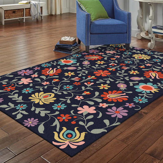 Classic Floral Pattern Rug with Leaf Navy Polyester Rug Machine Washable Non-Slip Area Rug for Bedroom Clearhalo 'Area Rug' 'Rugs' 'Vintage' Rug' 1643631