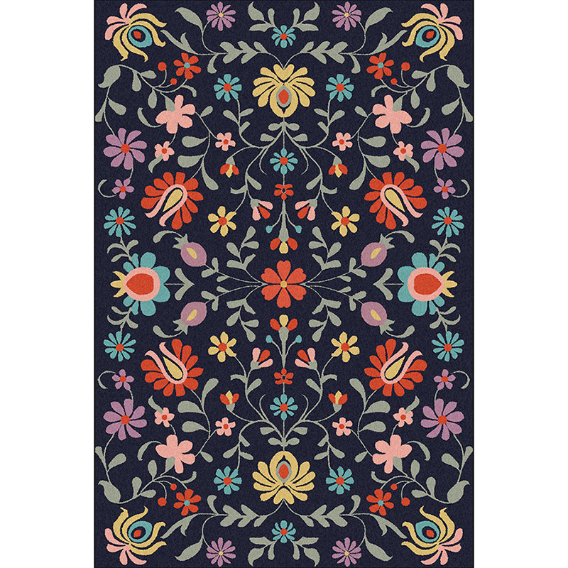 Classic Floral Pattern Rug with Leaf Navy Polyester Rug Machine Washable Non-Slip Area Rug for Bedroom Clearhalo 'Area Rug' 'Rugs' 'Vintage' Rug' 1643632