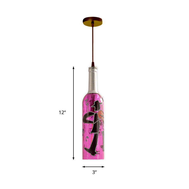 1 Light Bottle Hanging Lamp Industrial Style Red/Yellow Glass Suspended Light with Pattern for Restaurant Clearhalo 'Ceiling Lights' 'Glass shade' 'Glass' 'Industrial Pendants' 'Industrial' 'Middle Century Pendants' 'Pendant Lights' 'Pendants' 'Tiffany' Lighting' 164389
