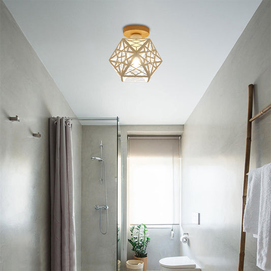 1 Bulb Metallic Semi Flush Mount Light Loft Style Black/White Pentagon Cage Living Room Ceiling Mounted Fixture Clearhalo 'Ceiling Lights' 'Close To Ceiling Lights' 'Close to ceiling' 'Semi-flushmount' Lighting' 16438