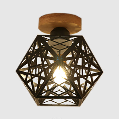 1 Bulb Metallic Semi Flush Mount Light Loft Style Black/White Pentagon Cage Living Room Ceiling Mounted Fixture Black Clearhalo 'Ceiling Lights' 'Close To Ceiling Lights' 'Close to ceiling' 'Semi-flushmount' Lighting' 16439