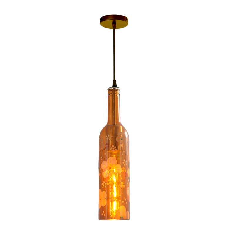 1 Light Bottle Hanging Lamp Industrial Style Red/Yellow Glass Suspended Light with Pattern for Restaurant Clearhalo 'Ceiling Lights' 'Glass shade' 'Glass' 'Industrial Pendants' 'Industrial' 'Middle Century Pendants' 'Pendant Lights' 'Pendants' 'Tiffany' Lighting' 164392