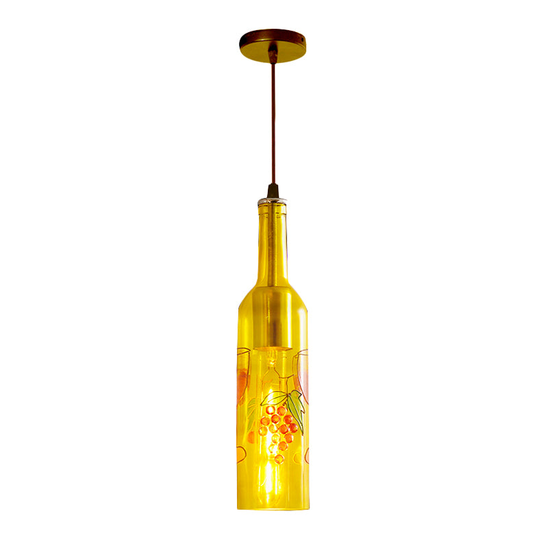 1 Light Bottle Hanging Lamp Industrial Style Red/Yellow Glass Suspended Light with Pattern for Restaurant Clearhalo 'Ceiling Lights' 'Glass shade' 'Glass' 'Industrial Pendants' 'Industrial' 'Middle Century Pendants' 'Pendant Lights' 'Pendants' 'Tiffany' Lighting' 164395