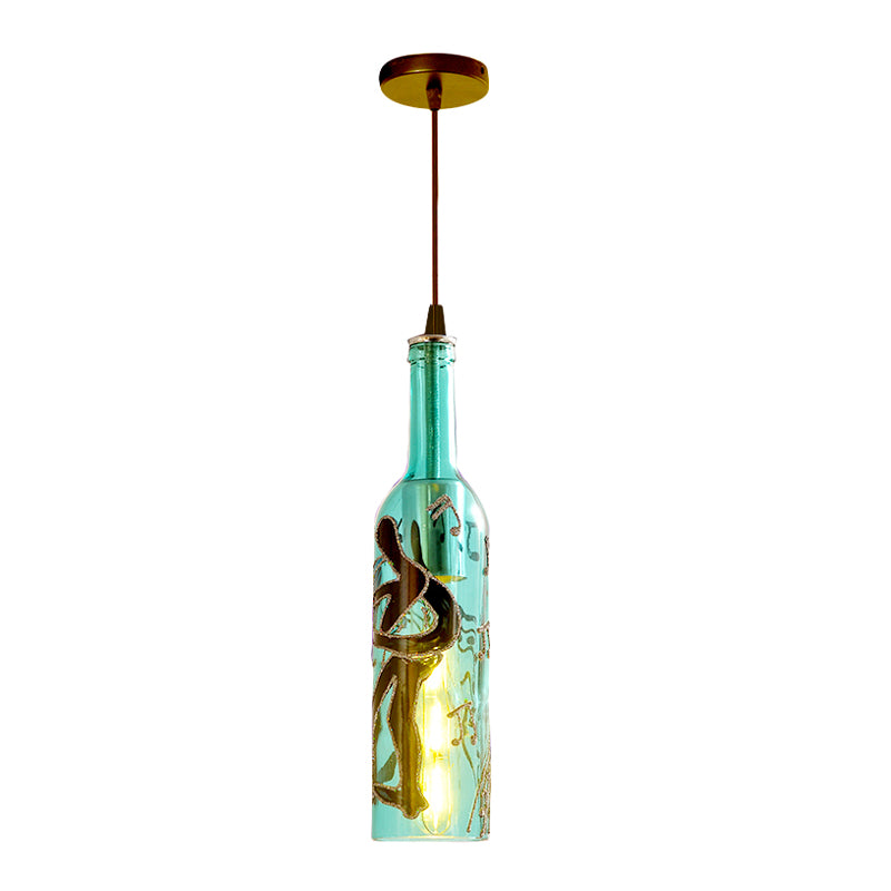 1 Light Bottle Hanging Lamp Industrial Style Red/Yellow Glass Suspended Light with Pattern for Restaurant Clearhalo 'Ceiling Lights' 'Glass shade' 'Glass' 'Industrial Pendants' 'Industrial' 'Middle Century Pendants' 'Pendant Lights' 'Pendants' 'Tiffany' Lighting' 164398