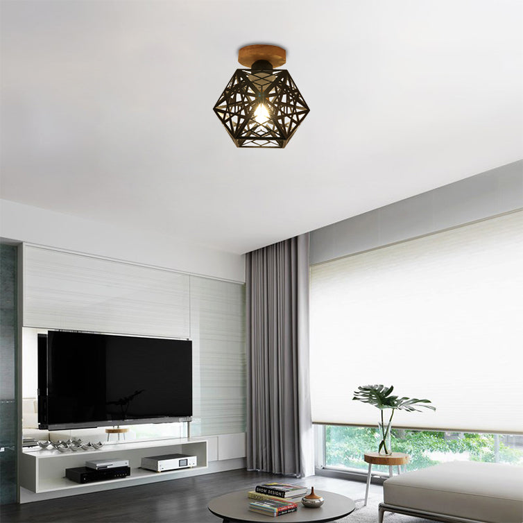 1 Bulb Metallic Semi Flush Mount Light Loft Style Black/White Pentagon Cage Living Room Ceiling Mounted Fixture Clearhalo 'Ceiling Lights' 'Close To Ceiling Lights' 'Close to ceiling' 'Semi-flushmount' Lighting' 16440