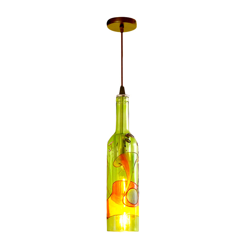 1 Light Bottle Hanging Lamp Industrial Style Red/Yellow Glass Suspended Light with Pattern for Restaurant Clearhalo 'Ceiling Lights' 'Glass shade' 'Glass' 'Industrial Pendants' 'Industrial' 'Middle Century Pendants' 'Pendant Lights' 'Pendants' 'Tiffany' Lighting' 164401