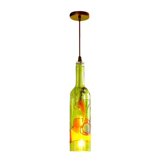 1 Light Bottle Hanging Lamp Industrial Style Red/Yellow Glass Suspended Light with Pattern for Restaurant Clearhalo 'Ceiling Lights' 'Glass shade' 'Glass' 'Industrial Pendants' 'Industrial' 'Middle Century Pendants' 'Pendant Lights' 'Pendants' 'Tiffany' Lighting' 164401