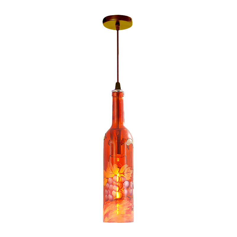1 Light Bottle Hanging Lamp Industrial Style Red/Yellow Glass Suspended Light with Pattern for Restaurant Clearhalo 'Ceiling Lights' 'Glass shade' 'Glass' 'Industrial Pendants' 'Industrial' 'Middle Century Pendants' 'Pendant Lights' 'Pendants' 'Tiffany' Lighting' 164404