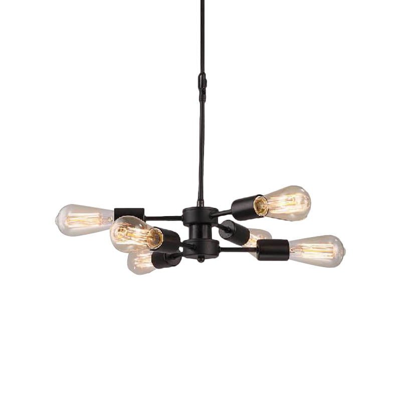 6 Heads Chandelier Lamp with Exposed Bulb Antique Style Black Metal Ceiling Pendant Lamp over Table Clearhalo 'Cast Iron' 'Ceiling Lights' 'Chandeliers' 'Industrial Chandeliers' 'Industrial' 'Metal' 'Middle Century Chandeliers' 'Rustic Chandeliers' 'Tiffany' Lighting' 164411