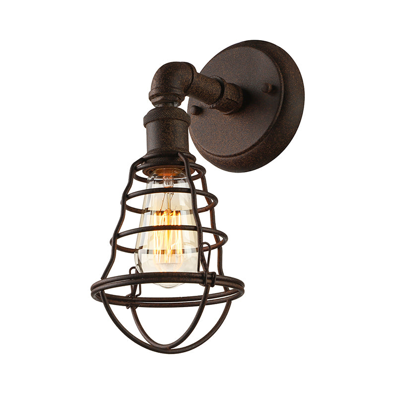 Wire Frame Iron Sconce Wall Light with Pipe Farmhouse 1 Head Dining Room Mini Wall Light Fixture in Rust Clearhalo 'Art deco wall lights' 'Cast Iron' 'Glass' 'Industrial wall lights' 'Industrial' 'Middle century wall lights' 'Modern' 'Rustic wall lights' 'Tiffany' 'Traditional wall lights' 'Wall Lamps & Sconces' 'Wall Lights' Lighting' 164500