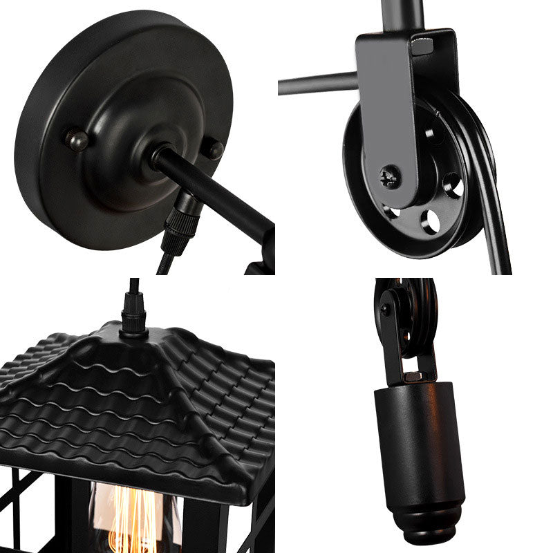 Square/Rectangle Cage Indoor Wall Lamp Farmhouse Style Metal 1 Light Black Wall Mounted Light with Pulley Clearhalo 'Art deco wall lights' 'Cast Iron' 'Glass' 'Industrial wall lights' 'Industrial' 'Middle century wall lights' 'Modern' 'Rustic wall lights' 'Tiffany' 'Traditional wall lights' 'Wall Lamps & Sconces' 'Wall Lights' Lighting' 164511