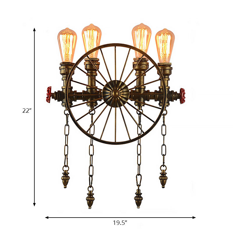 4 Lights Wheel Wall Lighting with Exposed Bulb Industrial Rustic Bronze/Silver Metal Sconce Lighting for Living Room Clearhalo 'Art deco wall lights' 'Cast Iron' 'Glass' 'Industrial wall lights' 'Industrial' 'Middle century wall lights' 'Modern' 'Rustic wall lights' 'Tiffany' 'Traditional wall lights' 'Wall Lamps & Sconces' 'Wall Lights' Lighting' 164522