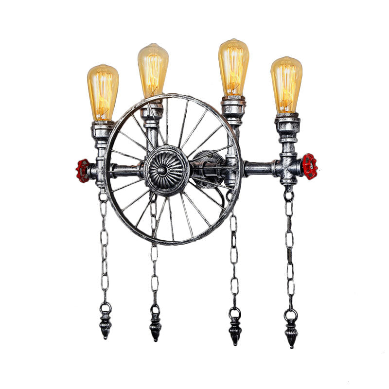 4 Lights Wheel Wall Lighting with Exposed Bulb Industrial Rustic Bronze/Silver Metal Sconce Lighting for Living Room Clearhalo 'Art deco wall lights' 'Cast Iron' 'Glass' 'Industrial wall lights' 'Industrial' 'Middle century wall lights' 'Modern' 'Rustic wall lights' 'Tiffany' 'Traditional wall lights' 'Wall Lamps & Sconces' 'Wall Lights' Lighting' 164524