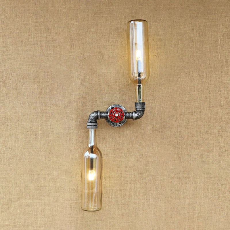 Glass Gray/Blue Wall Sconce Light Wine Bottle 2 Lights Industrial Style Wall Mount Light for Living Room Amber Clearhalo 'Cast Iron' 'Glass' 'Industrial wall lights' 'Industrial' 'Middle century wall lights' 'Modern' 'Tiffany' 'Traditional wall lights' 'Wall Lamps & Sconces' 'Wall Lights' Lighting' 164557