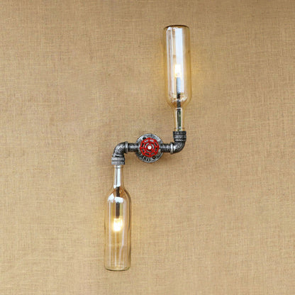 Glass Gray/Blue Wall Sconce Light Wine Bottle 2 Lights Industrial Style Wall Mount Light for Living Room Amber Clearhalo 'Cast Iron' 'Glass' 'Industrial wall lights' 'Industrial' 'Middle century wall lights' 'Modern' 'Tiffany' 'Traditional wall lights' 'Wall Lamps & Sconces' 'Wall Lights' Lighting' 164557